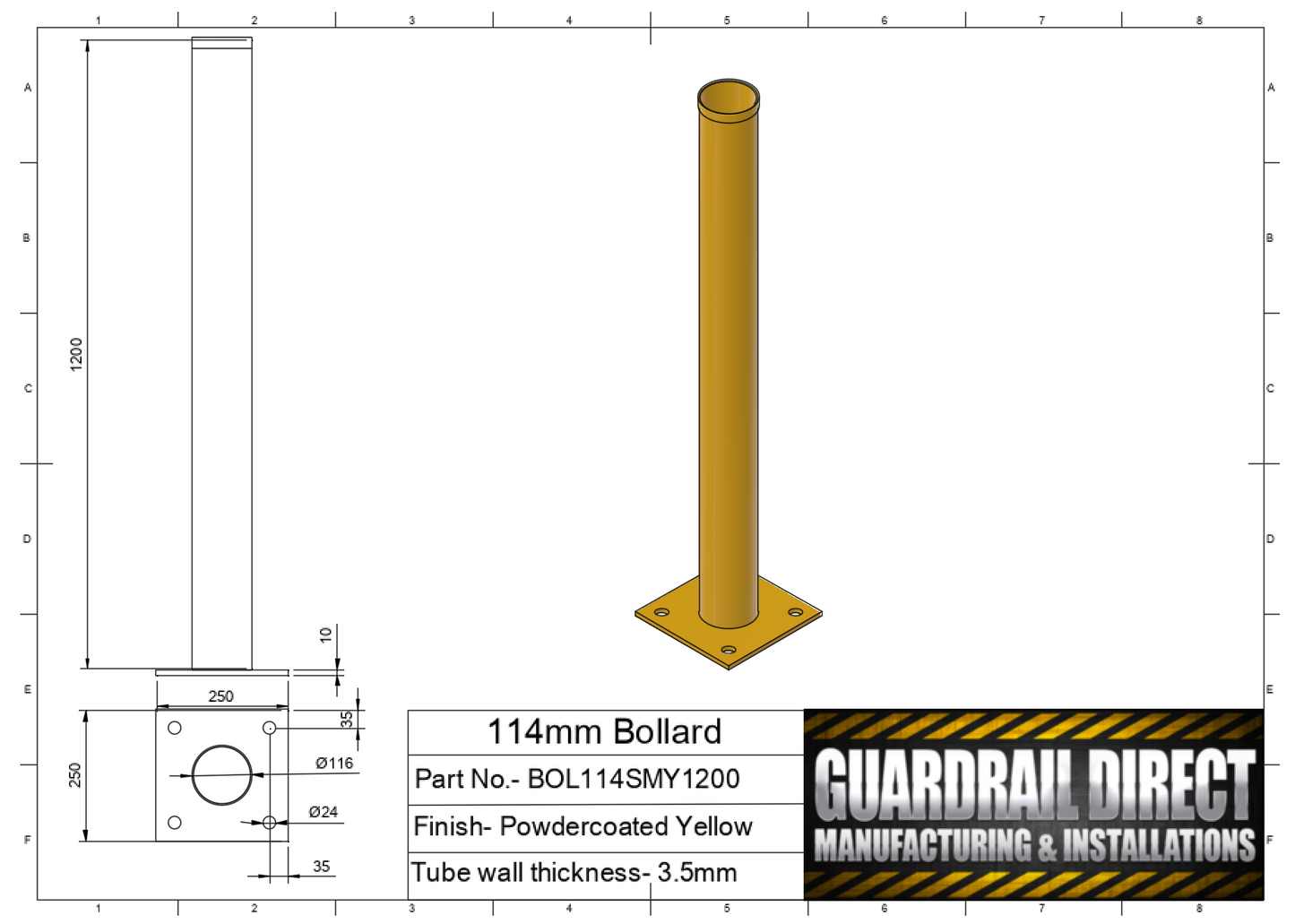 114mm Surface Mounted Bollard Yellow