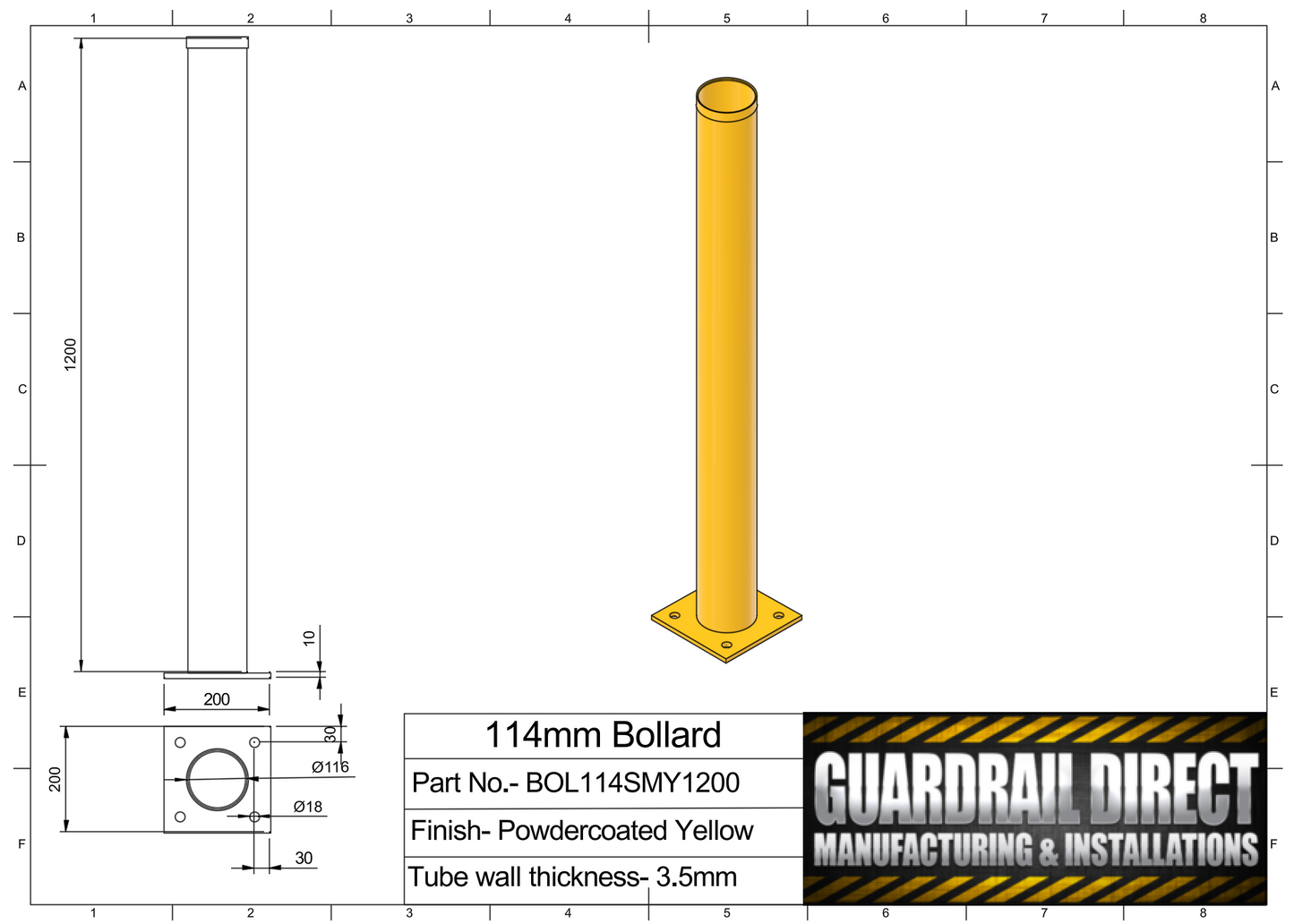 114mm Surface Mounted Bollard Yellow