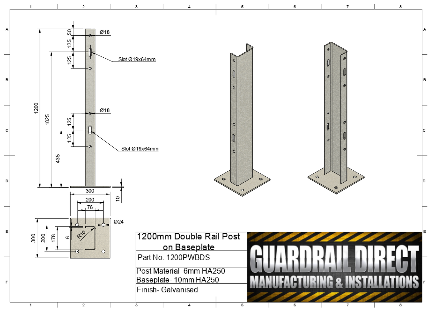 Double Rail 1200mm Post on Baseplate