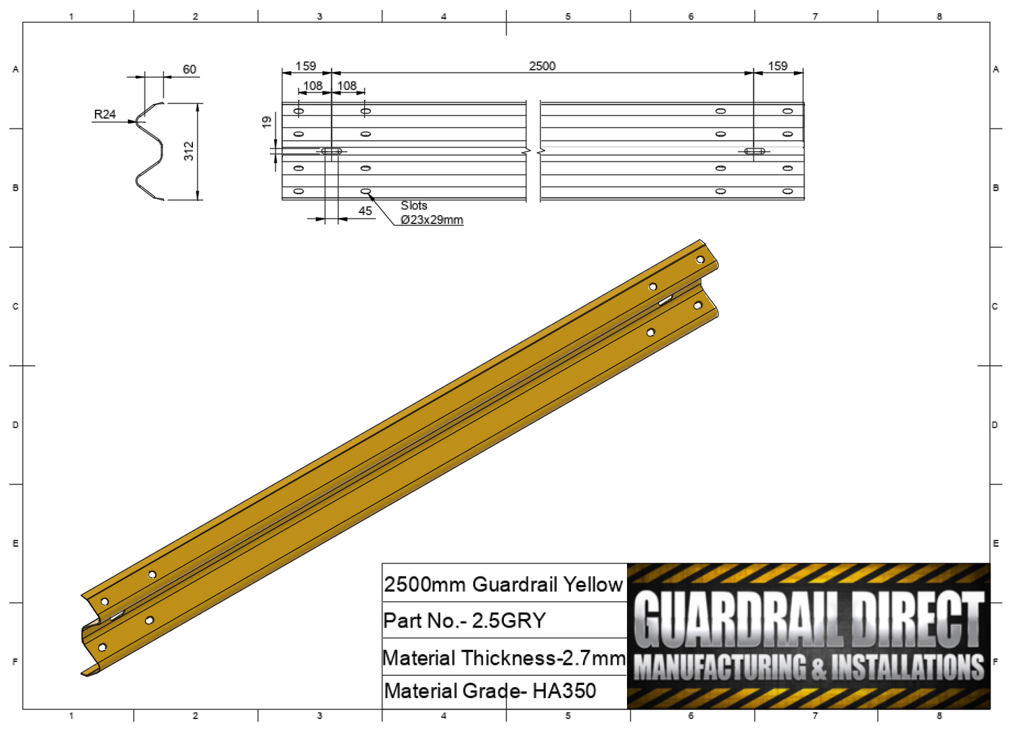 2500mm Guardrail Yellow