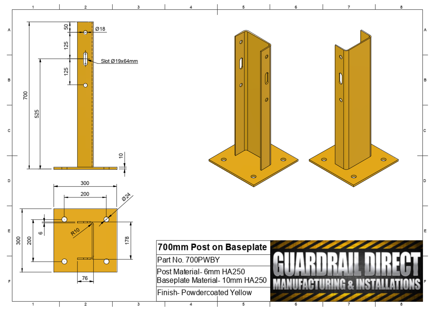 700mm Post on Baseplate Yellow