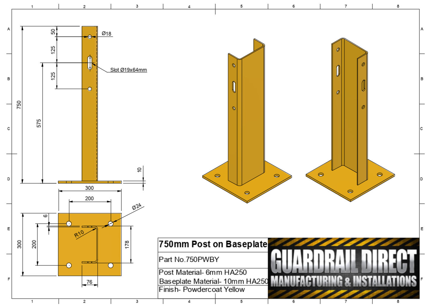750mm Post on Baseplate Yellow