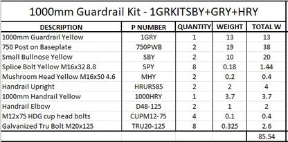 1m Guardrail kit with yellow rail, bullnoses and handrail