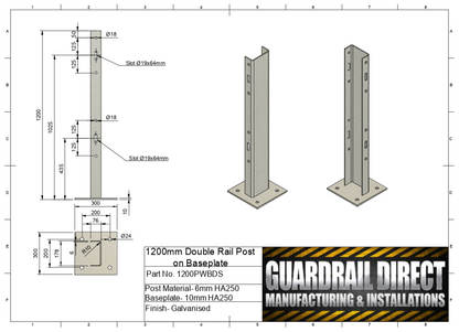 1200mm Post on Baseplate Double Rail