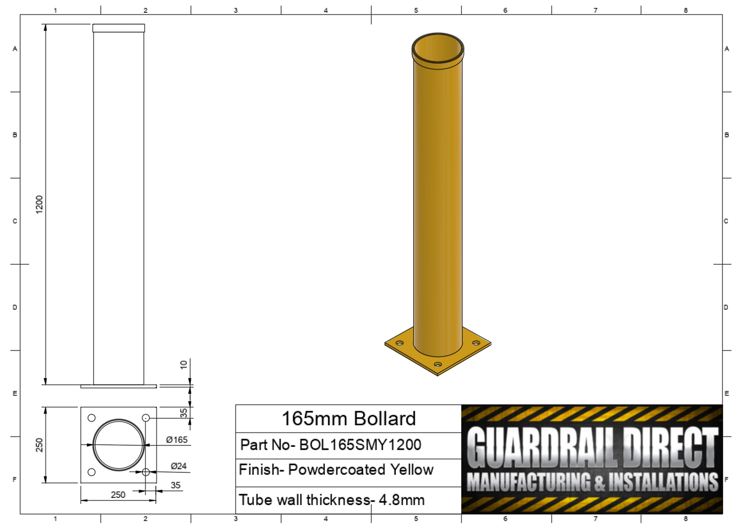 165mm Surface Mounted Bollard Yellow